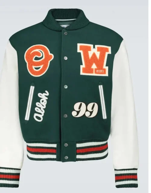 Off White Green and White Letterman Jacket