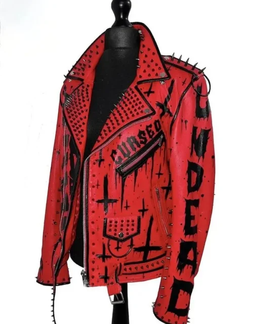 Mens Handmade Sinner Studded Red Leather Jacket
