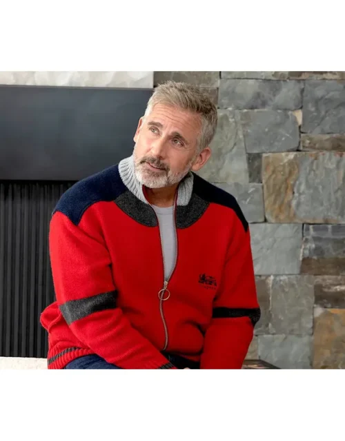 Mountainhead 2025 Steve Carell Red Bomber Jacket