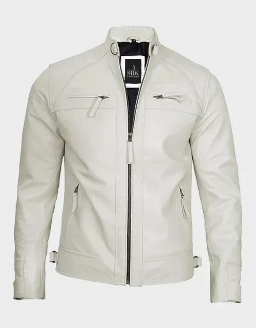 Classic Off White Real Leather Biker Jacket