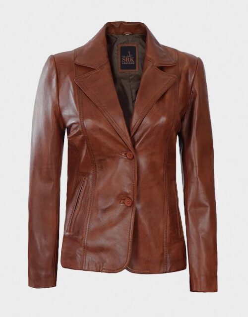 Two Button Cognac Leather Blazer