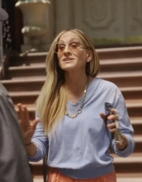 Sarah Jessica Parker And Just Like That S03 Blue V Neck Sweatshirt