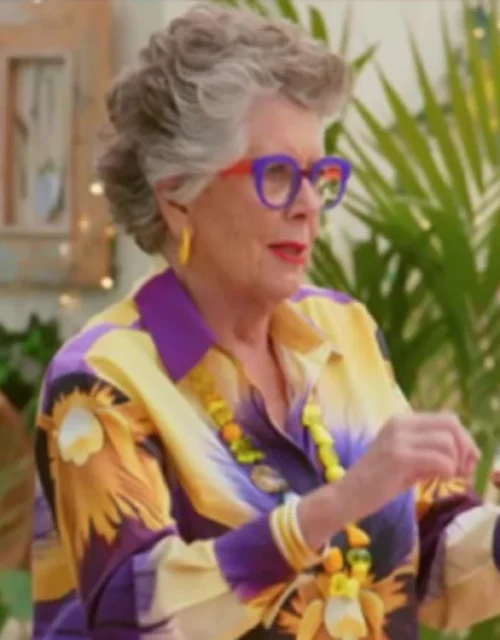 Great British Bake Off S16 Prue Leith Yellow & Purple Print Blouse